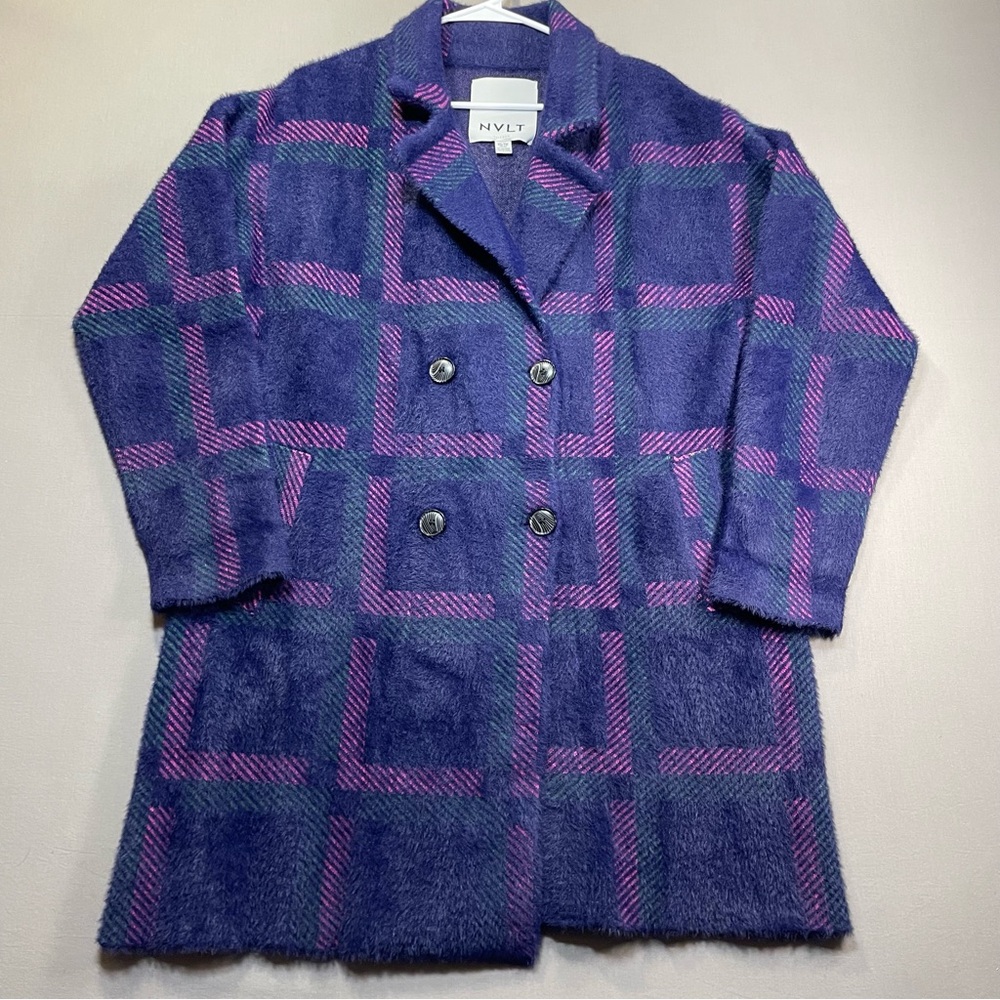 NVLT Eyelash Knit Plaid Coat Jacket, Double Breaasted, Blue/Purple - Womens XS